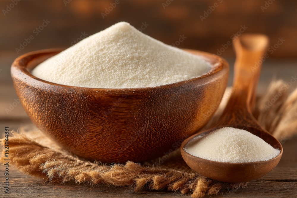 Poster bowl of fine white sugar with a wooden spoon on a rustic wooden table in a cozy setting
