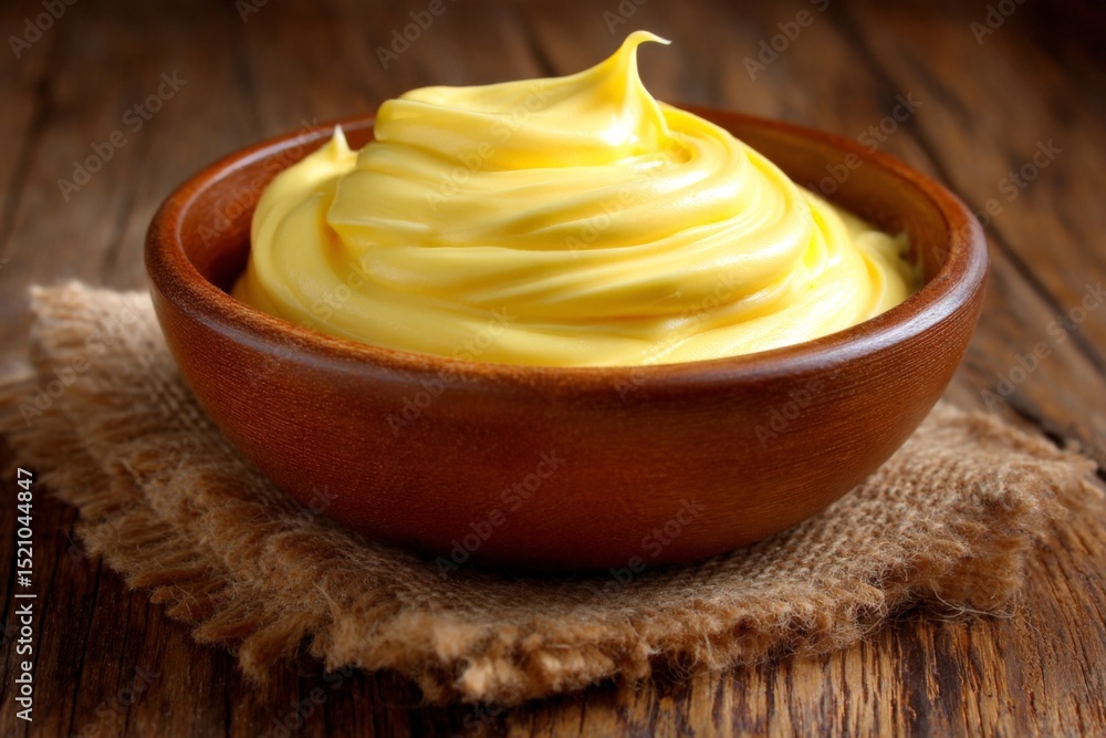 Aufkleber creamy yellow butter displayed in a rustic wooden bowl on a textured burlap background