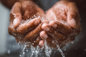Fototapeta premium Close-up of hands washing with water, showing cleanliness and hygiene practice
