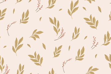 Seamless floral pattern, abstract nature design with leaves in vintage style. Elegant botanical print of small hand drawn foliage, tiny wildflowers in delicate autumn colors. Vector illustration.