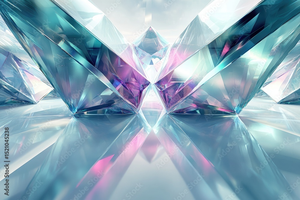 Poster abstract image of large,faceted, translucent crystals reflecting light, creating a stunning visual s
