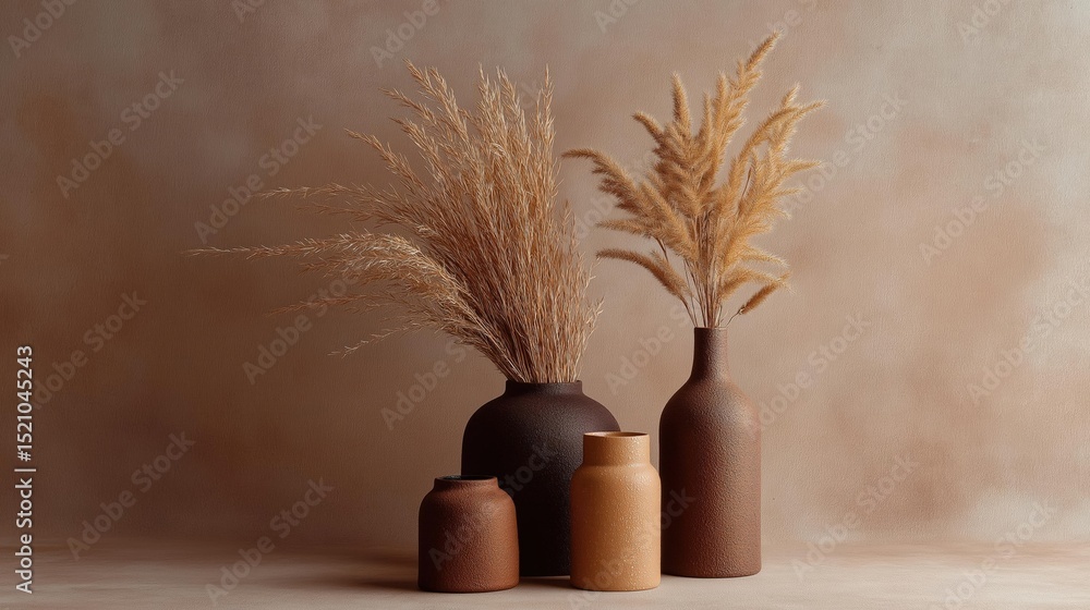Poster three vases with dried grass in them. the vases are of different sizes and shapes, with the largest 