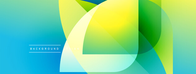 Abstract geometric shapes overlap, creating vibrant gradients. Blue, green, yellow hues blend smoothly. Modern design element for backgrounds.