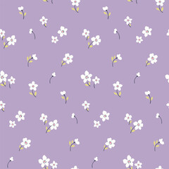 Seamless floral pattern, liberty ditsy print of mini pretty daisies on purple background. Cute botanical design of tiny hand drawn flowers, small leaves, simple plants abstract. Vector illustration.