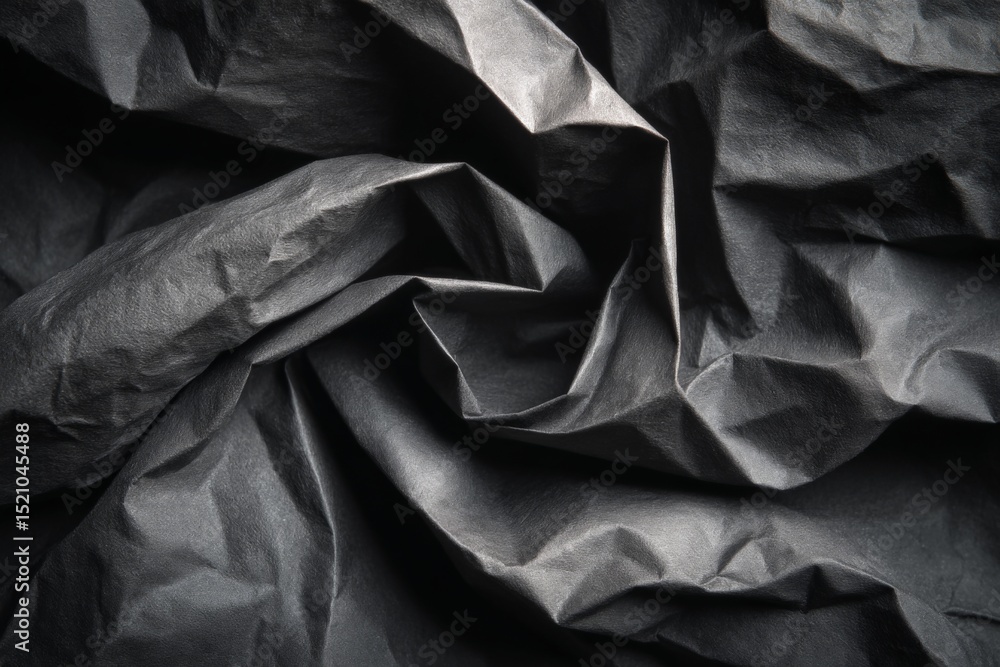 Poster Abstract composition of crumpled black paper creating elegant textures and shadows on a dark surface suitable for artistic backgrounds