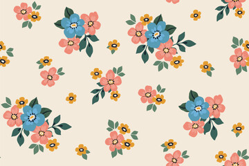 Seamless floral pattern, liberty ditsy print of tiny bouquets in vintage rustic motif. Cute botanical design of tiny hand drawn flowers, leaves, simple bouquets in delicate colors. Vector illustration