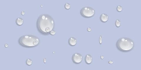 Rain water drops falling on transparent background. Realistic clear water, water drops for creative banner design. Vector.
