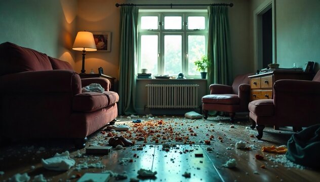Close-up of a disturbed room, suggesting a crime scene; overturned furniture, shattered glass, and scattered belongings indicate a struggle or violent event , fingerprint, chaos
