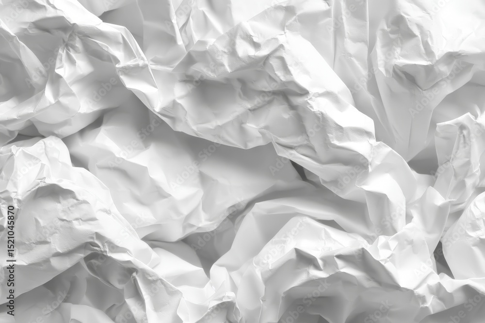 Poster Crumpled white paper texture with intricate folds and shadows highlighting organic patterns and surfaces
