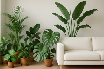 Lush indoor plants complement a minimalist living room with a white sofa.