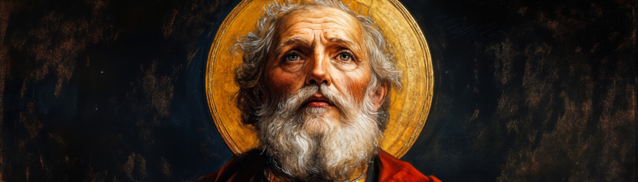 Portrait of elderly saint with golden halo and white beard looking upward on dark background religious painting divine light spiritual reverence sacred art holy figure classical iconography