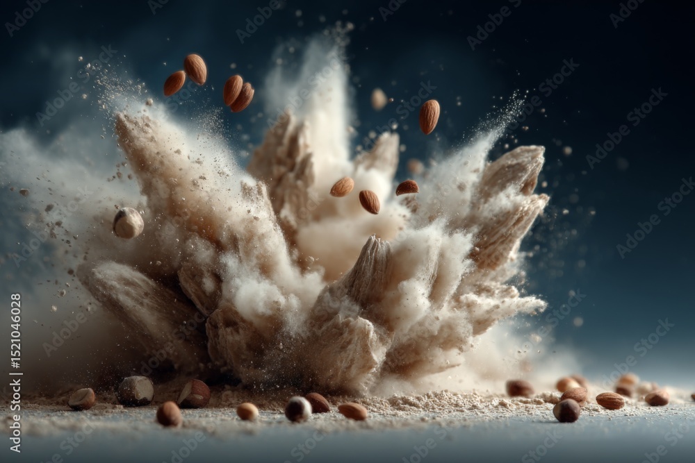 Aufkleber explosive dust cloud rising from shattered wooden surface with scattered seeds in dark background