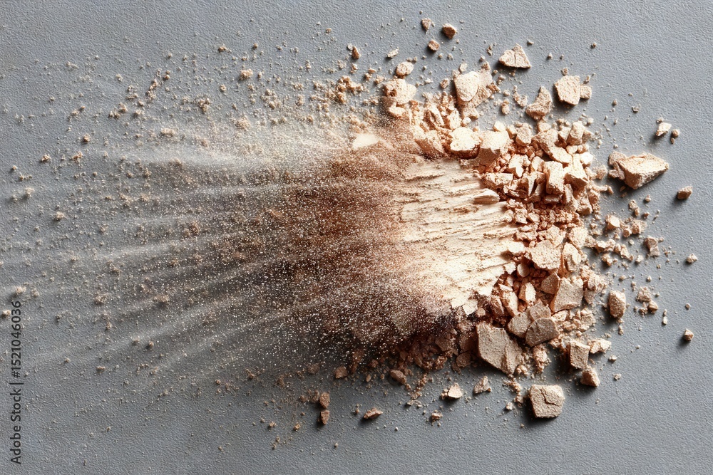 Poster makeup powder explosion on grey surface shows texture and movement during application or spill