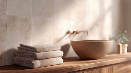 Modern bathroom with a wooden countertop and a beige tiled wall. on the countertop, there is a stack of folded beige towels neatly folded and placed next to a wooden bowl with a gold faucet.