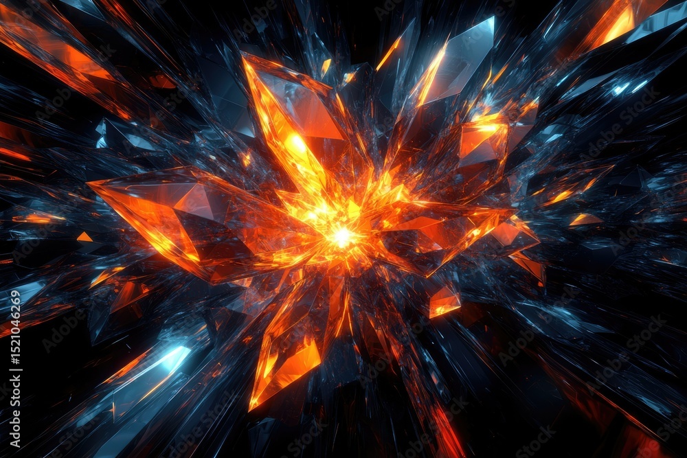 Poster fiery orange and blue crystals explode from a central point, creating a dynamic, abstract image.