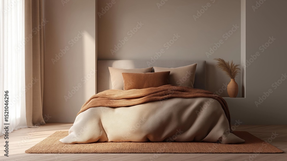 Poster modern bedroom with a large window on the left side. the window has sheer white curtains that let in