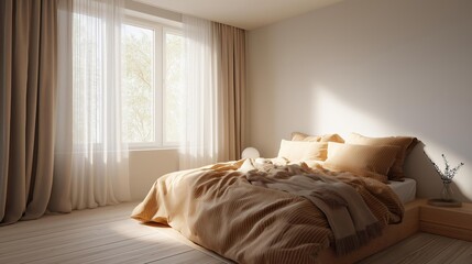 Modern bedroom with a large window on the left side of the room. the window is covered with sheer beige curtains that let in natural light. the room has a wooden floor and white walls.