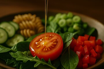 Fresh vegetables and pasta drizzled with oil.