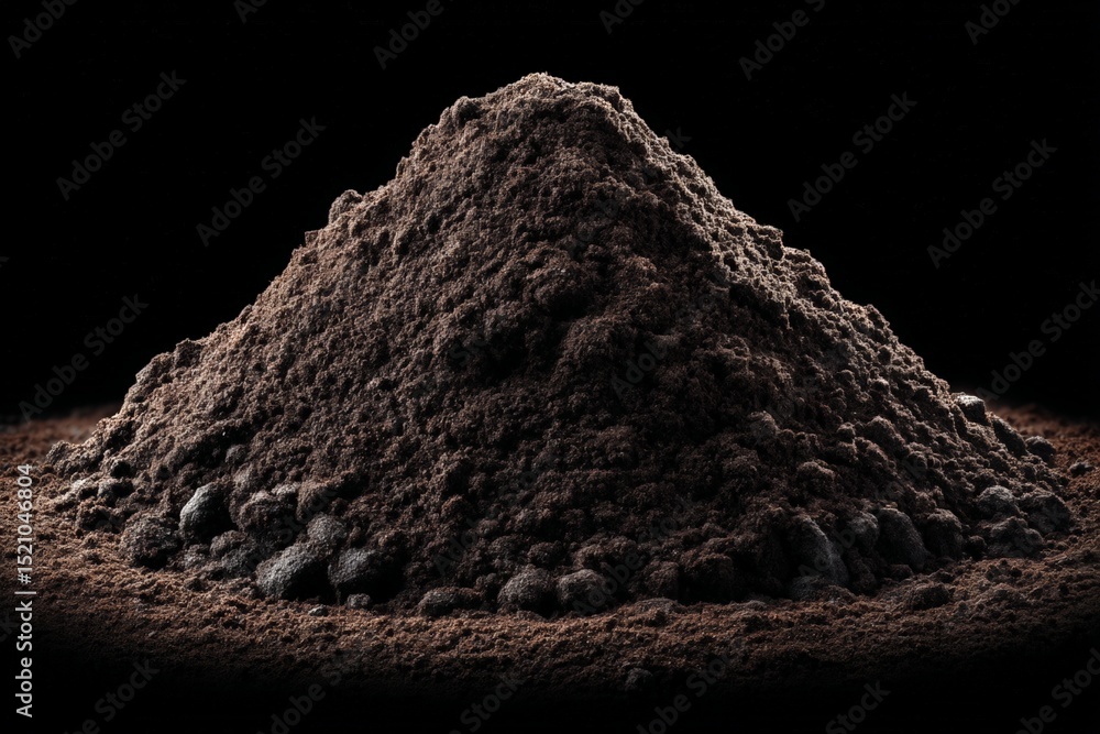 Poster coffee grounds pile displayed in dark setting, showcasing texture and depth of brown powder