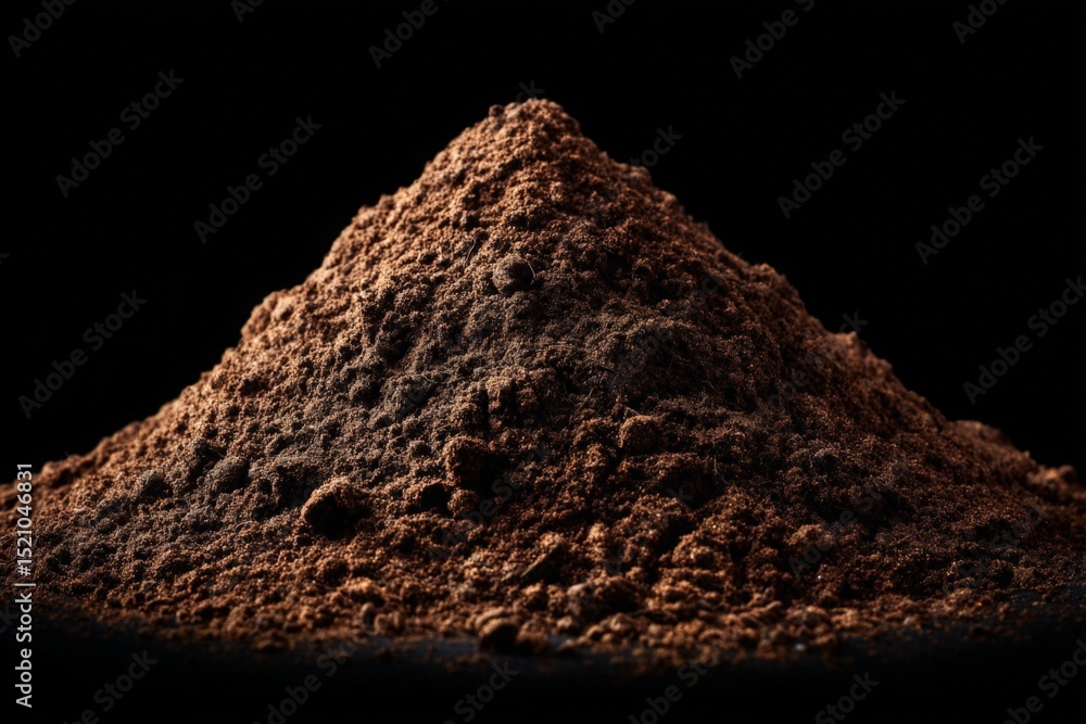 Poster fine cocoa powder mound with rich texture displayed against a dark background