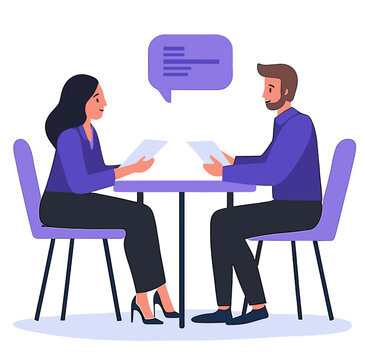 Dialogue Dynamics: A scene of collaborative exchange as two individuals engage in conversation, a speech bubble above adding a layer of communication in a vector format.