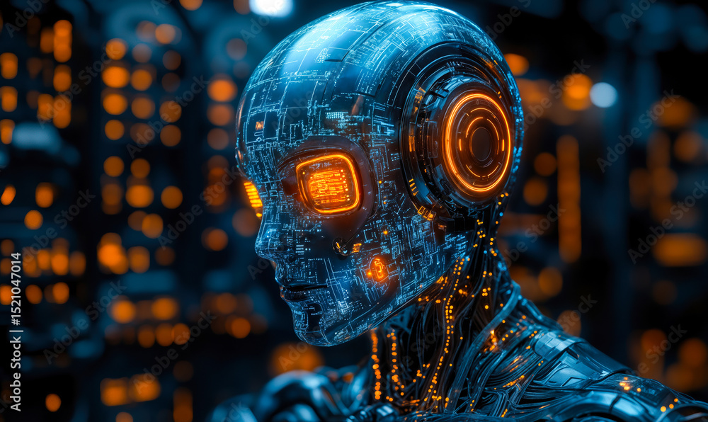 Poster futuristic cyborg head with glowing orange circuitry and digital interface in dark high-tech environ
