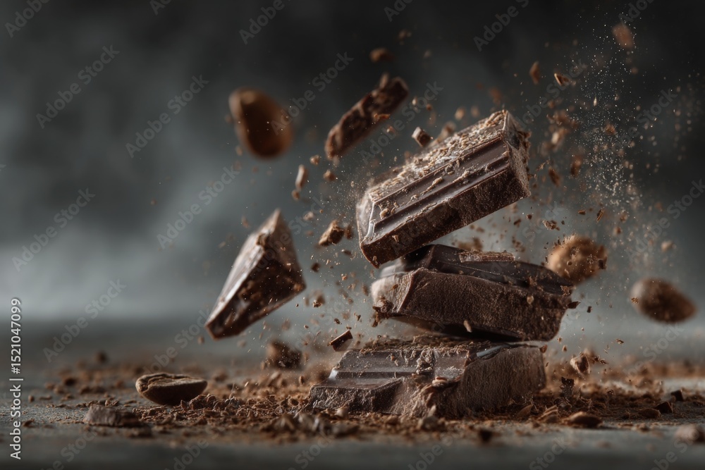 Aufkleber Chocolate pieces exploding in mid-air creating a dynamic dessert scene captured in a studio setting