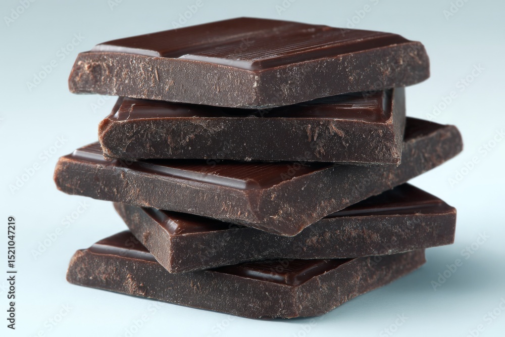 Poster dark chocolate squares arranged in an artistic stack against a soft blue backdrop