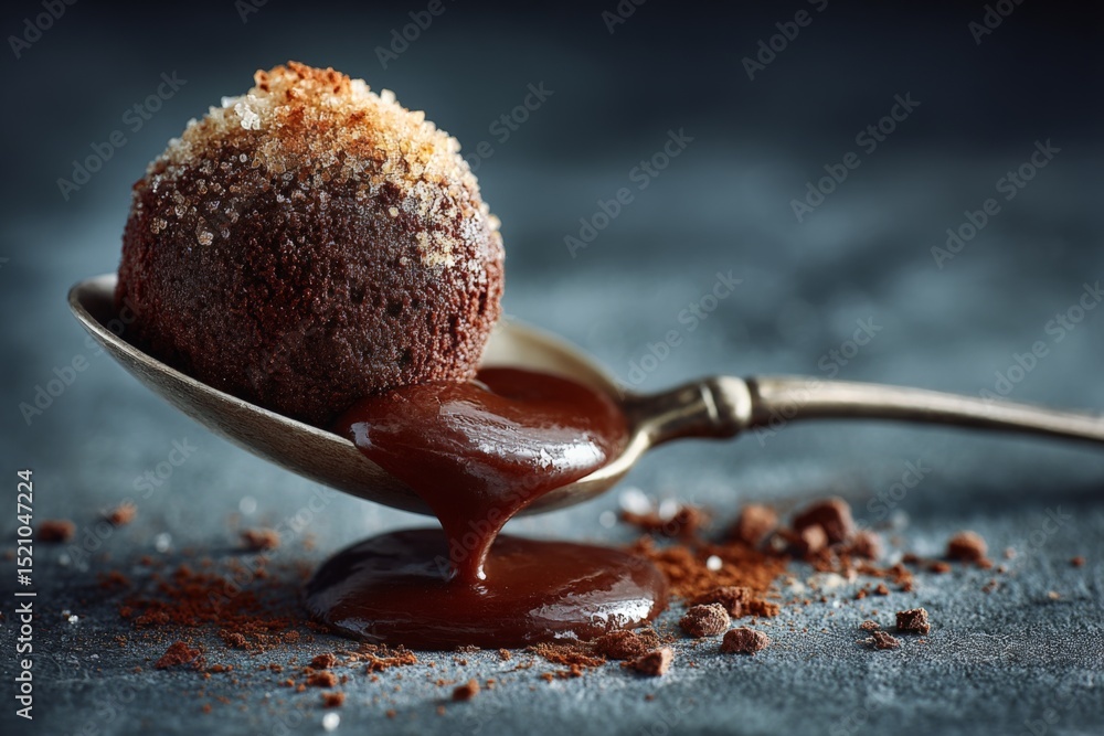 Poster chocolate dessert on a silver spoon with syrup pouring and delicate sugar topping in a dark atmosphe