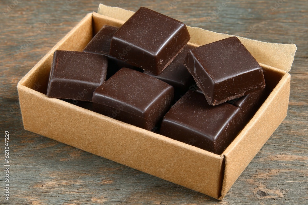 Poster delicious assortment of dark chocolate squares in a simple cardboard box on rustic wooden surface