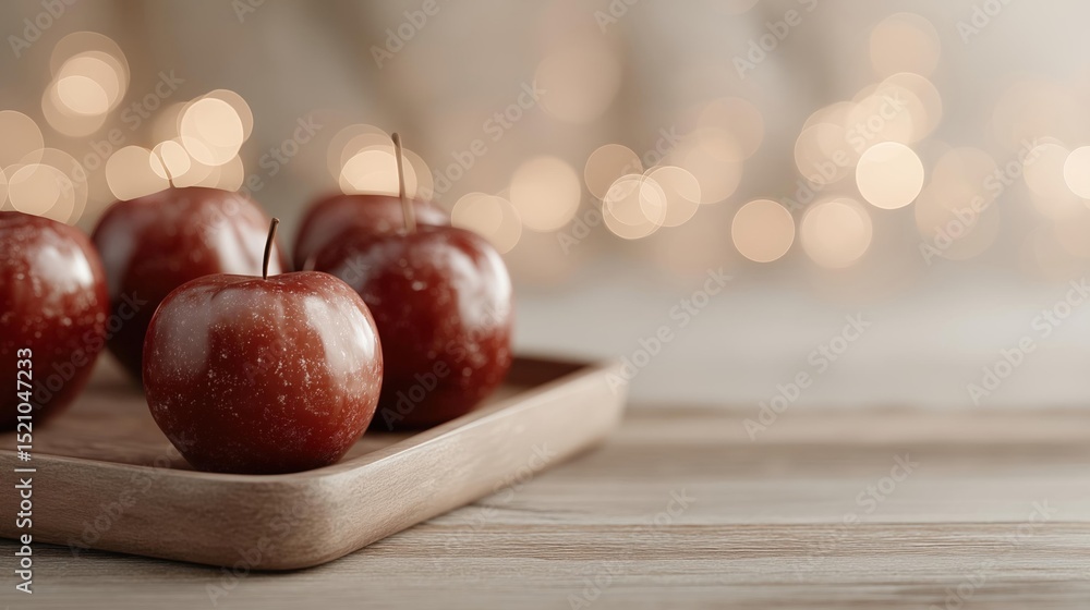 Poster wooden tray with six red apples on it. the apples are arranged in a row and are placed on a wooden s