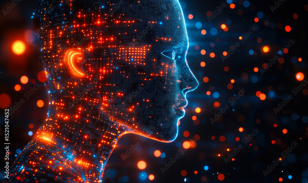 Poster digital human head composed of glowing data points and circuits in blue and orange colors with a fut