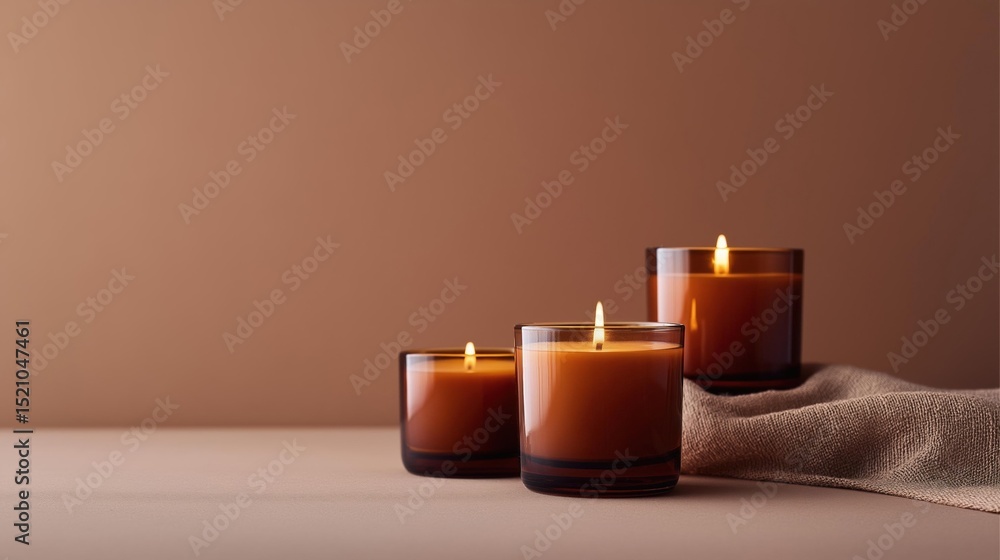 Poster three small glass candles on a beige surface. the candles are arranged in a triangular formation, wi