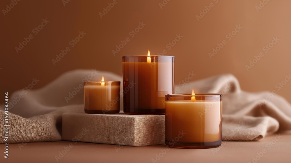Poster three candles on a beige background. the candles are arranged in a triangular formation, with the la