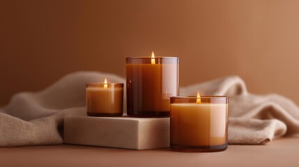 Three candles on a beige background. the candles are arranged in a triangular formation, with the largest candle in the center and two smaller candles on either side.