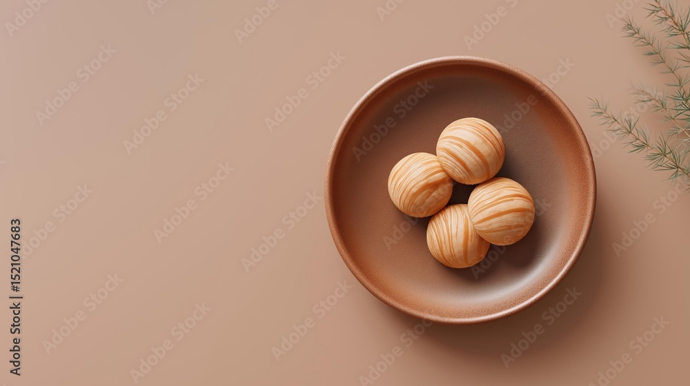 Aufkleber round, terracotta-colored plate with four small, round balls in it. the balls are arranged in a circ