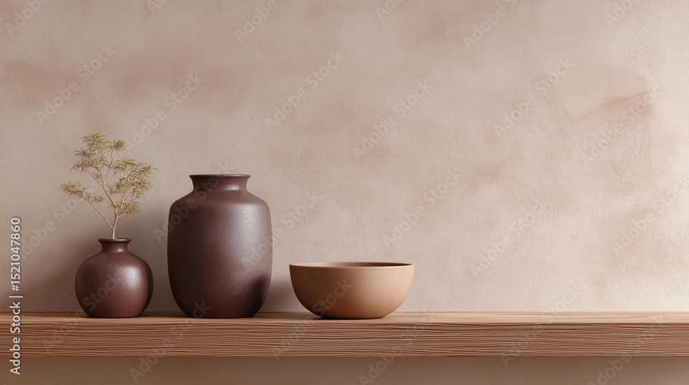 Poster three vases and a small bowl on a wooden shelf against a beige wall. the vases are of different size