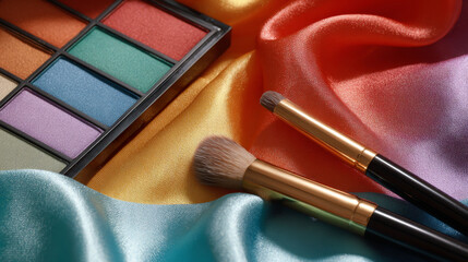 Colorful eyeshadow palette and soft makeup brushes on shiny satin fabric with vibrant folds and glowing reflection