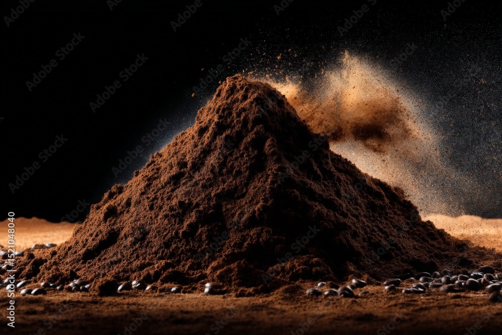 Poster ground coffee creates a mountain of freshness with beans scattered around in a dark setting
