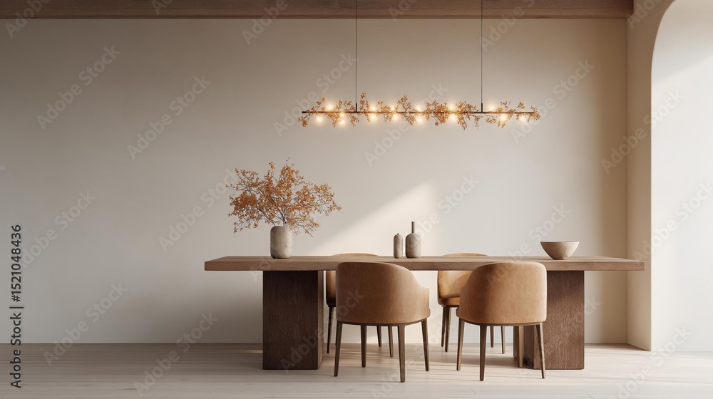 Poster modern dining room with a wooden table and four beige chairs. the table is rectangular in shape and 