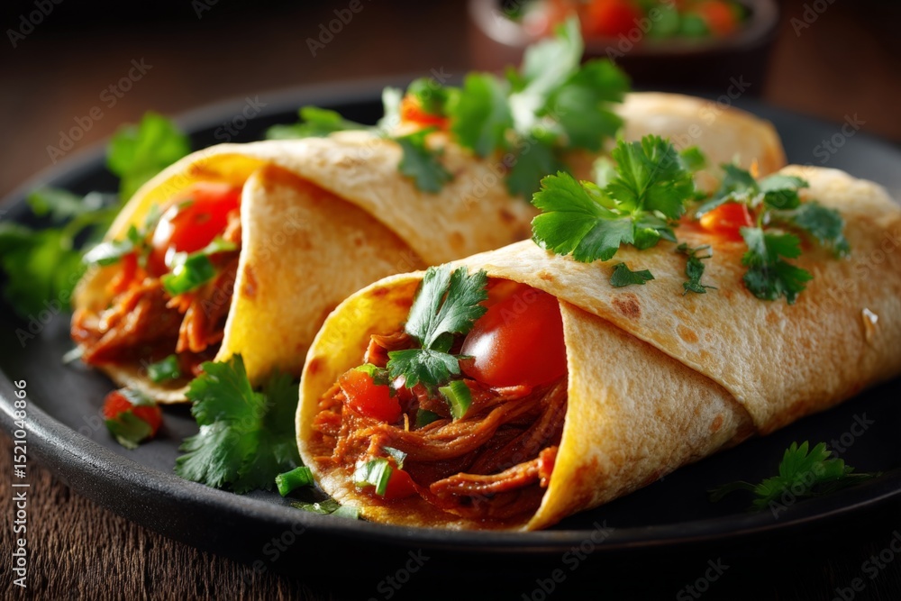 Poster delicious shredded chicken tacos on a plate topped with fresh cilantro and diced tomatoes in a cozy 