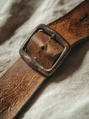 Weathered brown leather book strap with stitching and patina on textured ivory linen, tilted buckle, soft window light, warm tones, high-resolution product detail stock photo
