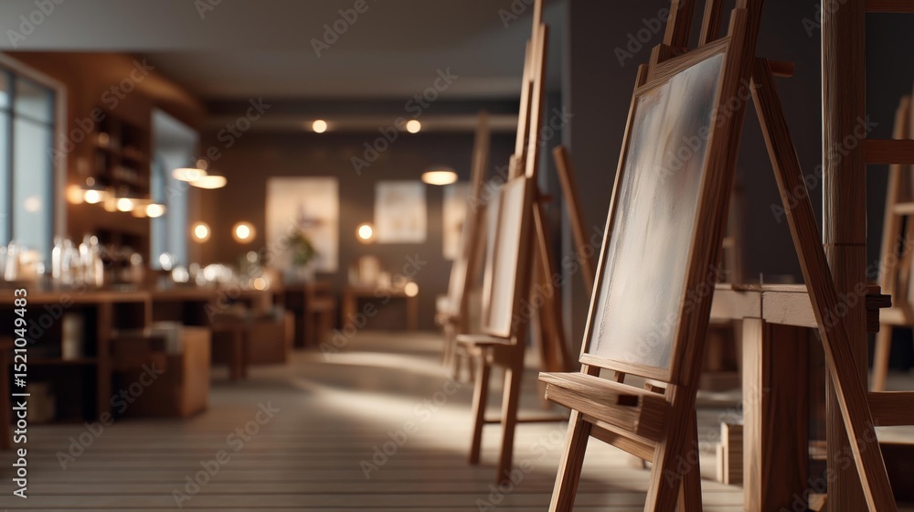 Poster row of wooden easels in an art studio. the easels are arranged in a neat line and are facing towards