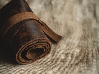 Rolled vintage leather book strap with aged creases and color variation on natural fiber textile, directional right light casting shadows, minimalist antique style, oxidized brown 