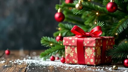 Red christmas gift box with golden patterns and red ribbon bow is standing on a wooden table under a decorated christmas tree with string lights and red and golden baubles and artificial snow - Powered by Adobe