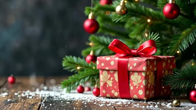 Red christmas gift box with golden patterns and red ribbon bow is standing on a wooden table under a decorated christmas tree with string lights and red and golden baubles and artificial snow