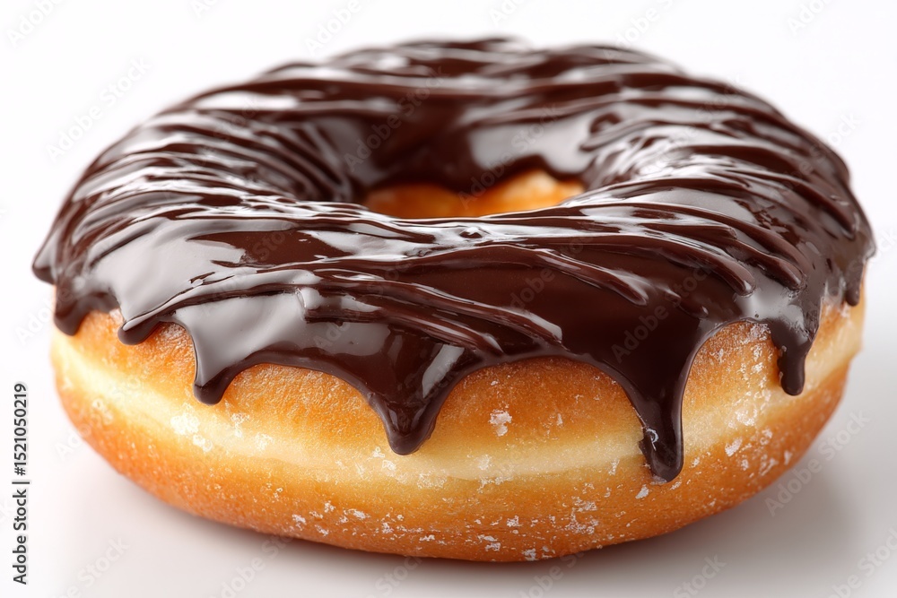 Poster freshly baked chocolate glazed donut on white background with rich chocolate drizzle and fluffy text