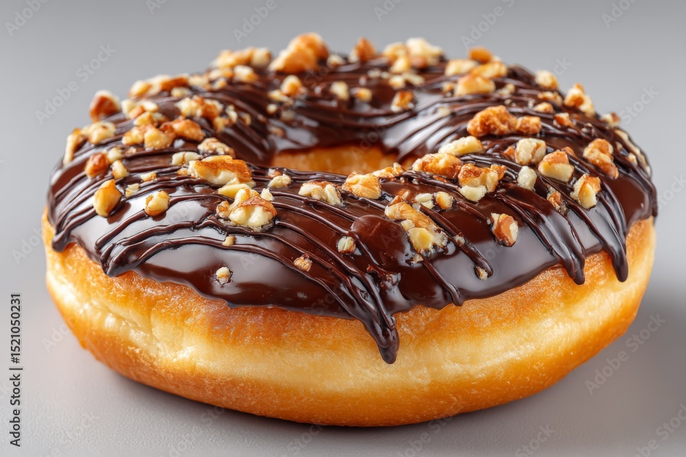 Poster decadent chocolate topped donut adorned with crunchy nuts served on a smooth gray background