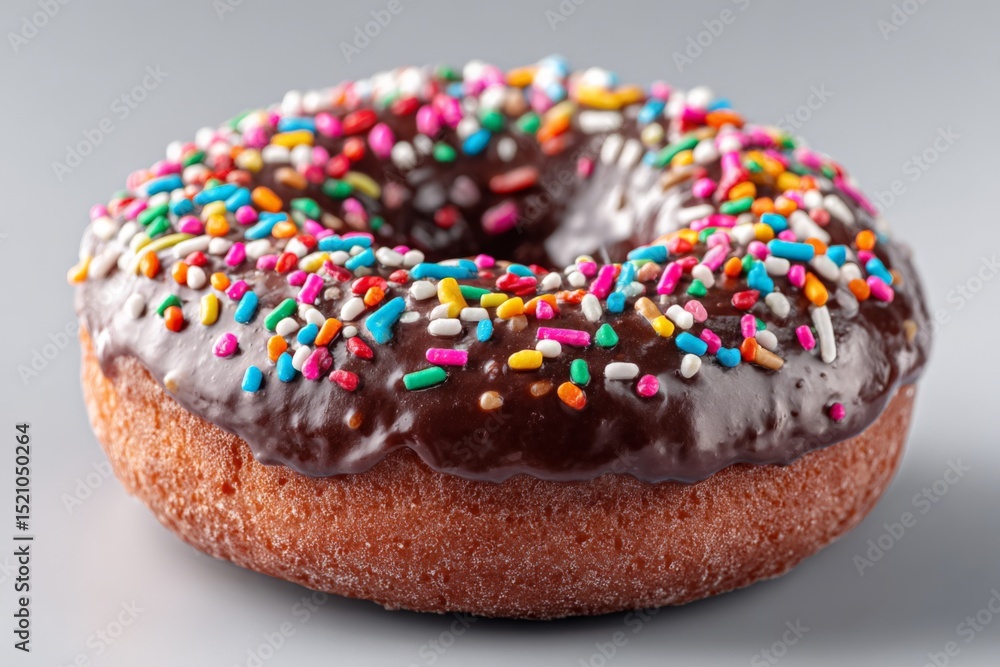 Poster delicious chocolate frosted donut topped with colorful sprinkles on a gray background