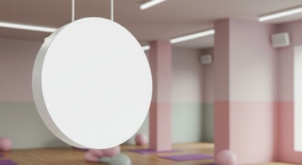 Blank Circular Sign Hanging in Pastel Fitness Studio